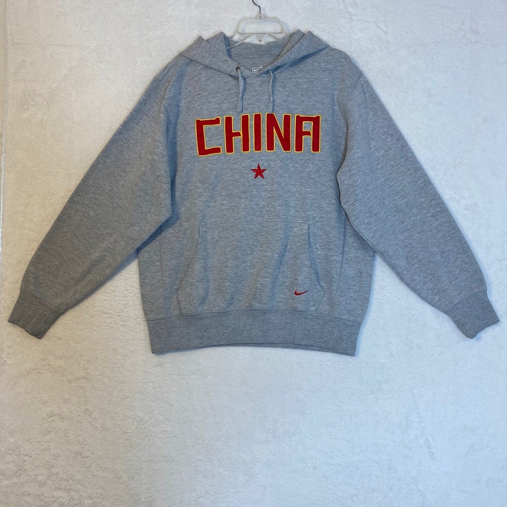Nike Team China Hoodie Mens Large Gray Red Star Olympic Pullover Sweatshirt L