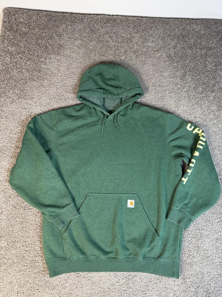Carhartt Hoodie Mens XL Green Pullover Hooded Lined Pockets Fleece Logo Sleeve