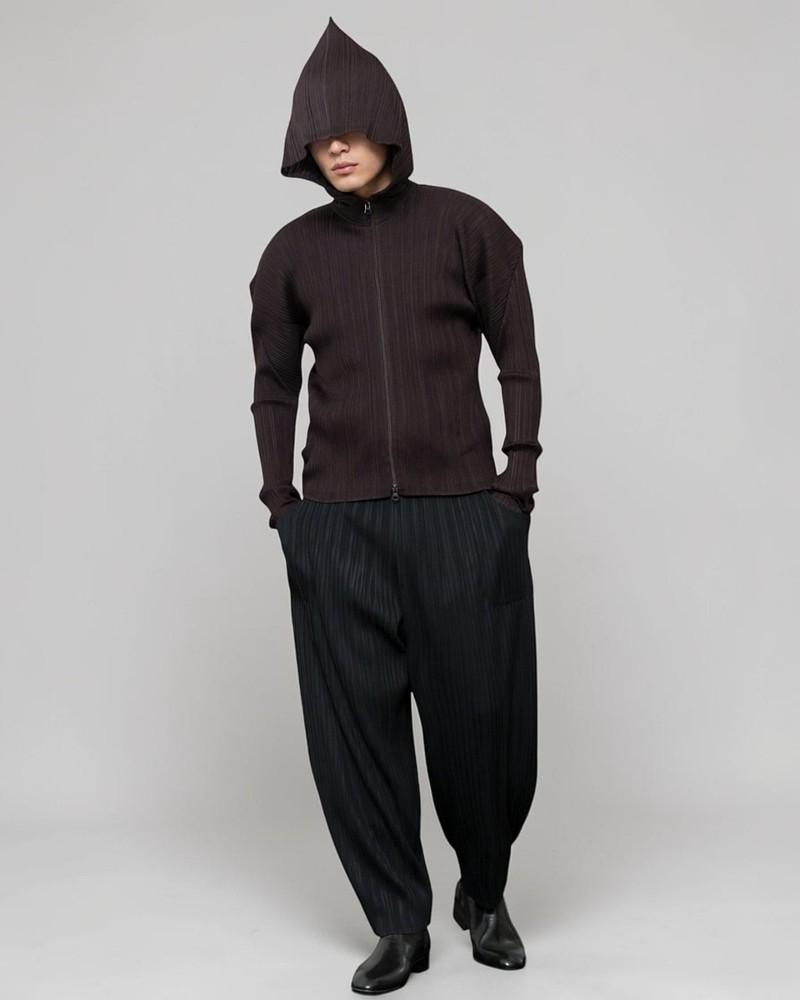 Pleats Please Issey Miyake Pleated Zip Hoodie Black Red Japan Size 3 PP74-JD367