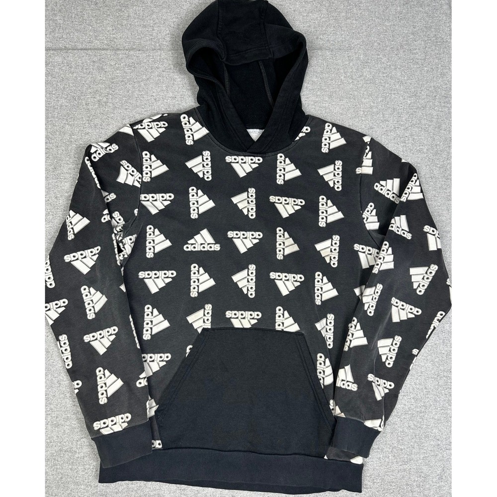 Adidas All Over Logo Print Hoodie Mens Large Black White Pullover Sweatshirt