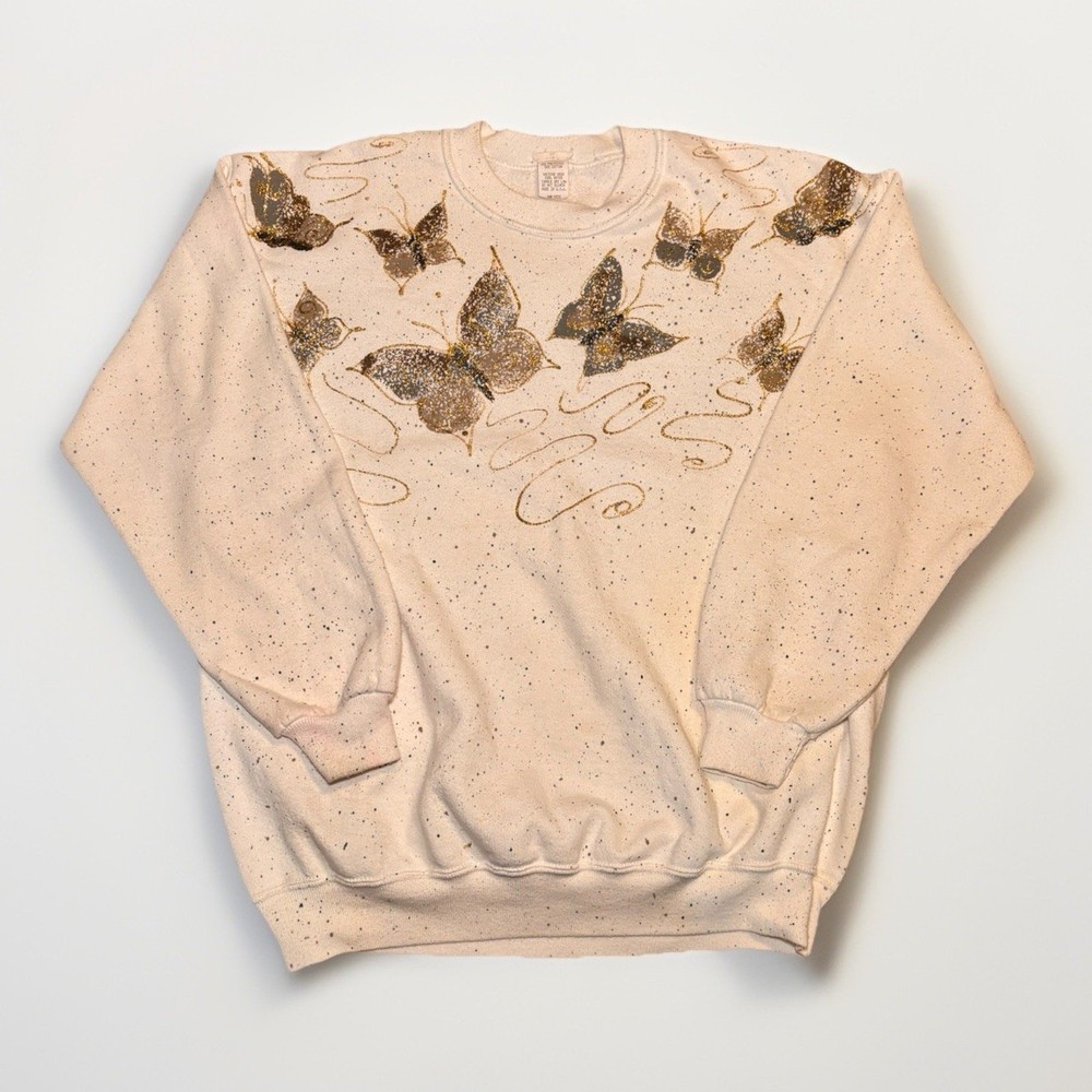 Vintage Butterfly Glitter Sweatshirt White One Size Made in USA 25×27