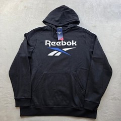 Reebok Identity Fleece Hoodie Mens Medium Black Classic Fit Stacked Logo NEW