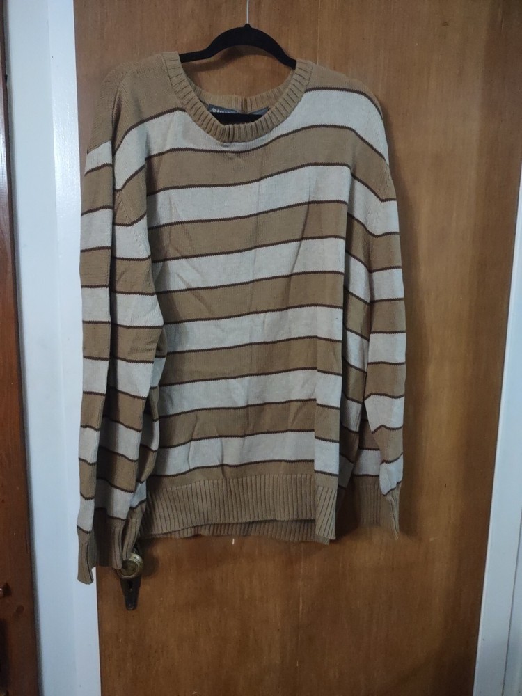 St Johns Bay Mens Brown Beige Striped Sweatshirt Long Sleeve Round Neck XXL