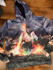 Getonfleek Unisex Hoodie Pullover XL Cat Riding Unicorn Rainbow Colorful Graphic