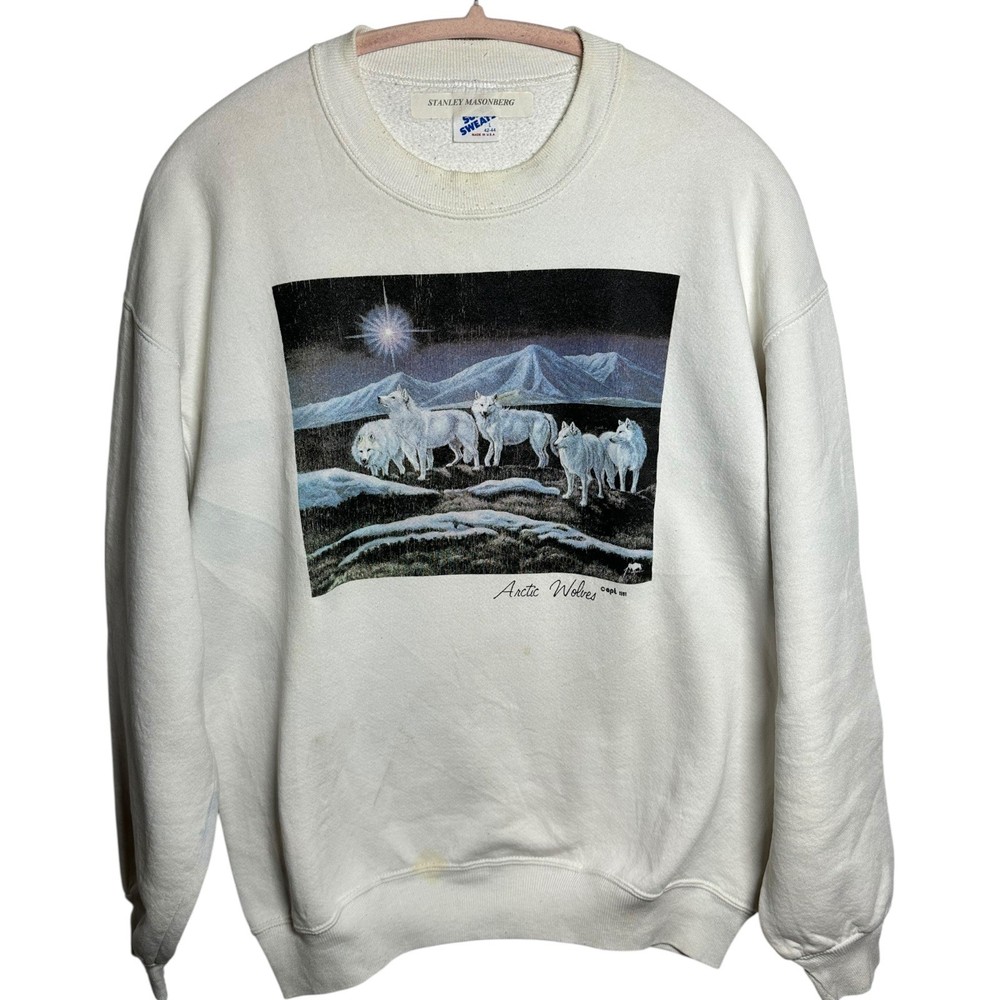 90s Wolf Sweatshirt Mens Large White Fleece Nature Fall Winter Snow Pullover