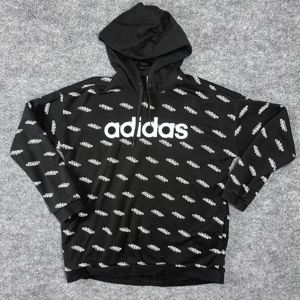 Adidas Black Hoodie Sweatshirt With White Logo Kangaroo Pocket & Drawstring Hood