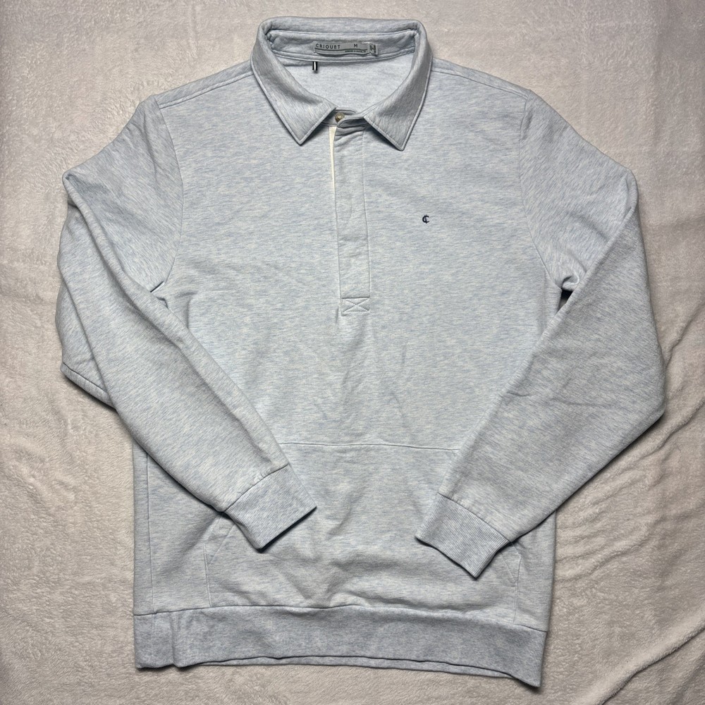 Criquet Polo Sweater Mens Size M Light Blue Heather Long Sleeve Kangaroo Pocket