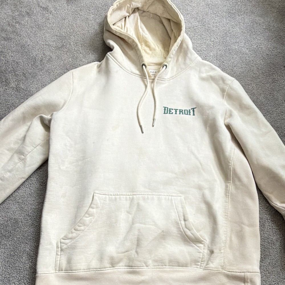 SANA Detroit Graphic Print Pullover Hoodie Beige Men’s L Kangaroo Pocket