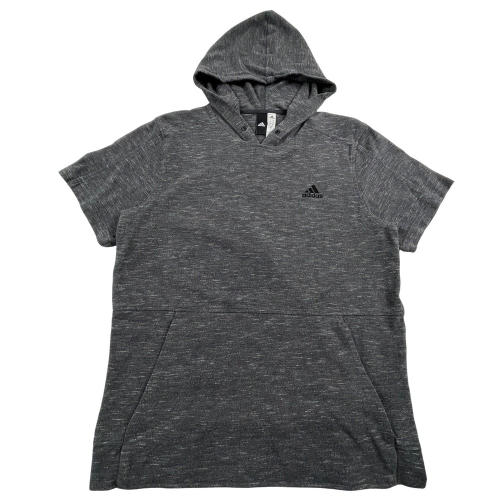 Adidas Men Short Sleeve Hoodie L Gray 100% Cotton Basketball Sweatshirt Pullover