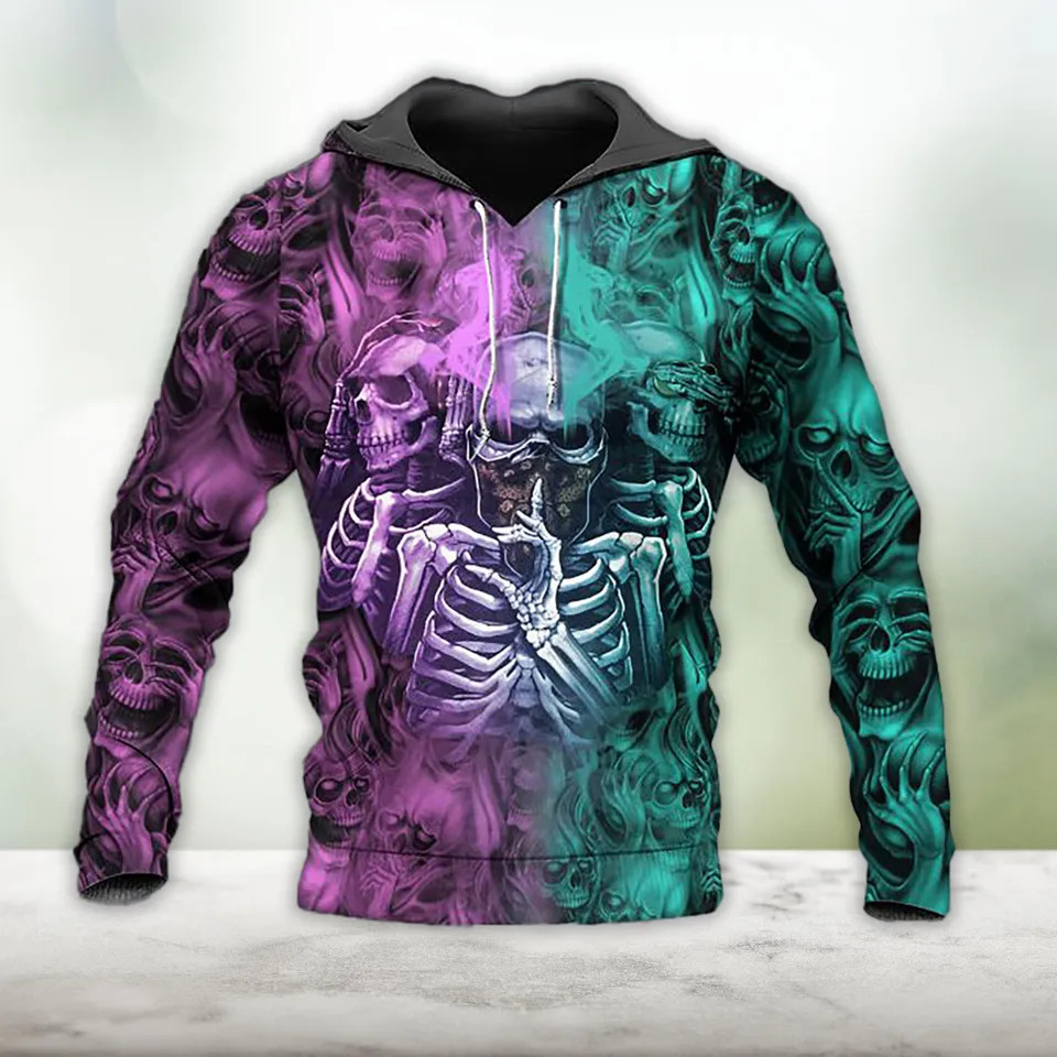 Purple Green Ombre See Speak Hear No Evil Skull Graphic Pullover 3D Hoodie