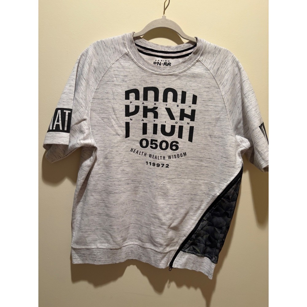 Parish Nation Mens Grey Space Dye Short Sleeve Sweatshirt Side Zip Mesh Large