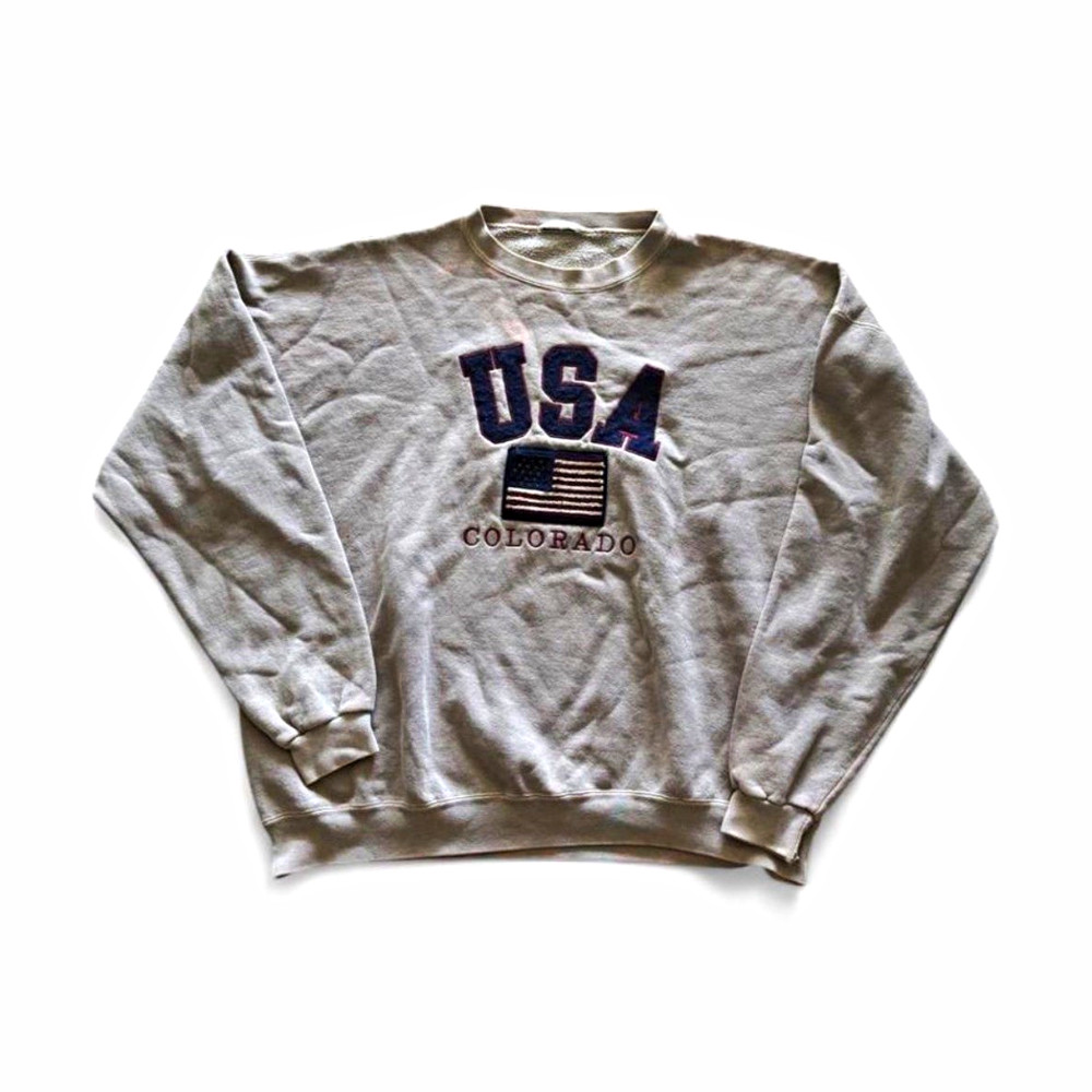 Beige USA Colorado Graphic Embroidered Logo Crewneck Sweatshirt XL Cotton