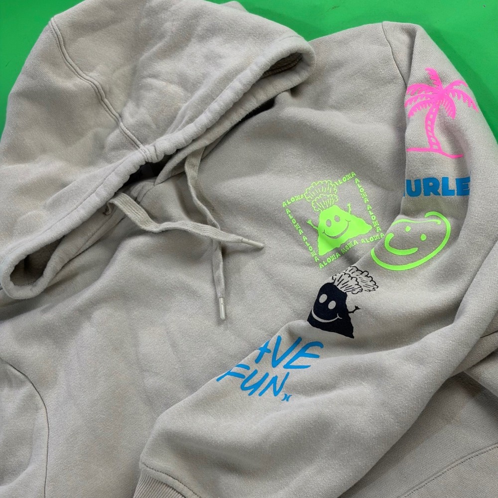 Hurley Aloha Fleece-lined Hoodie Mens L Tan Volcano Sleeve Logo Skate Surf EUC