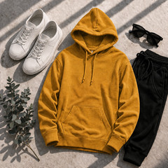 100% Combed Cotton Lightweight Yellow Hoodie Garment Dyed Pullover All Seasons