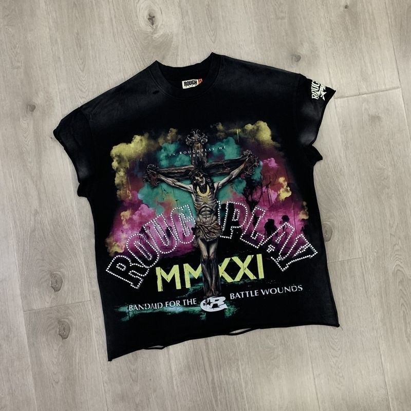 Roughplay Tee Vintage Washed Rhinestone Men’s T-Shirt New Style
