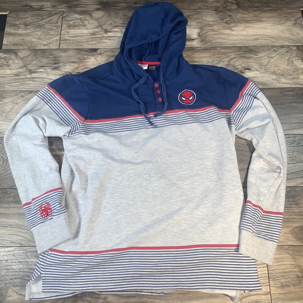 Spiderman Hoodie Youth XL Gray Blue Red Henley Sweatshirt Marvel Comics Mask
