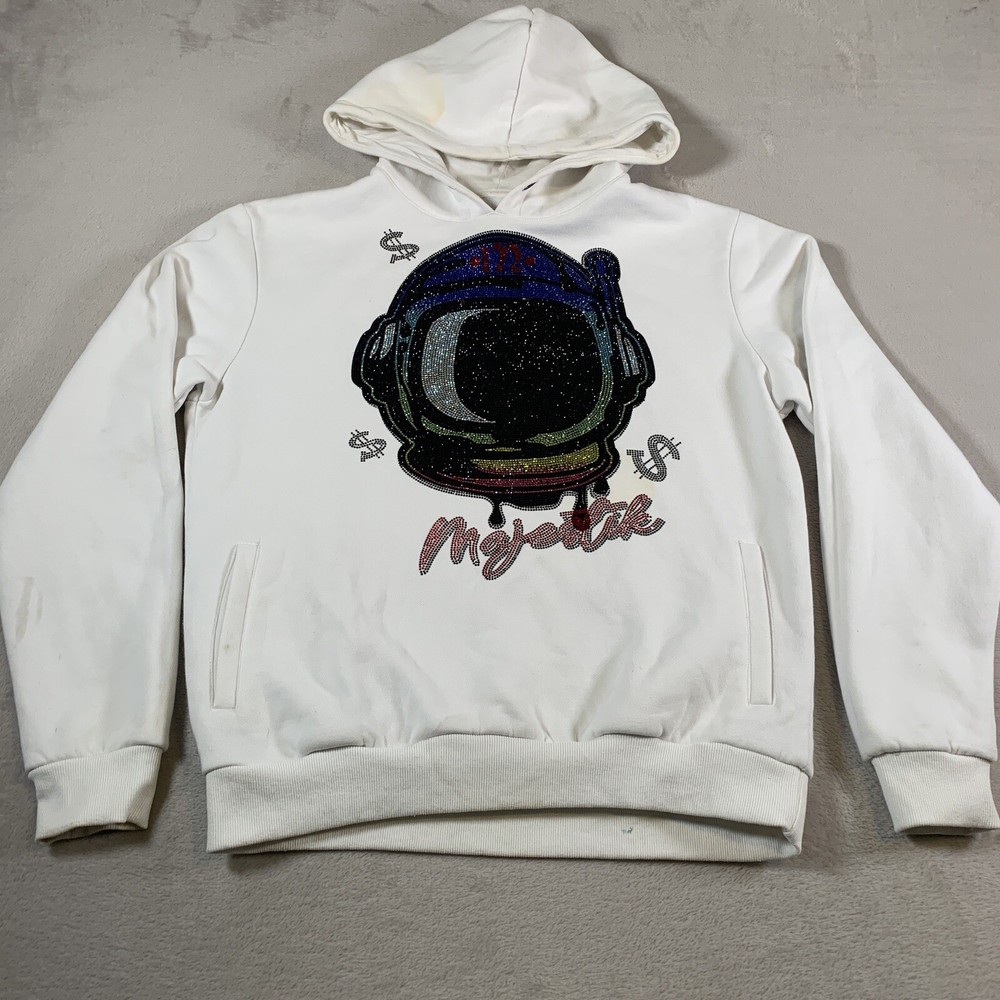 Rockstar Original Hoodie Mens Large White Astronaut Bedazzled Sweatshirt FLAWS