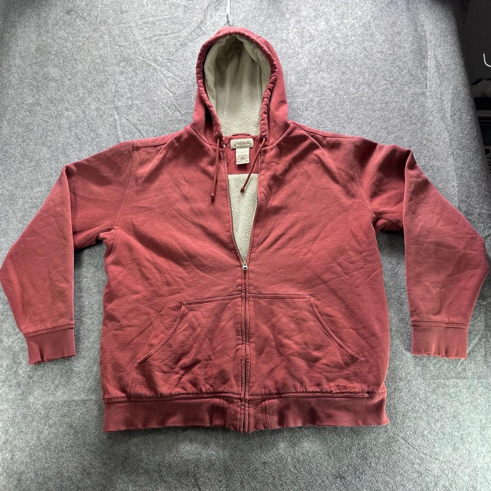L.L. Bean Katahdin Iron Works Hoodie Mens LT Red Sherpa Lined Full Zip Fleece