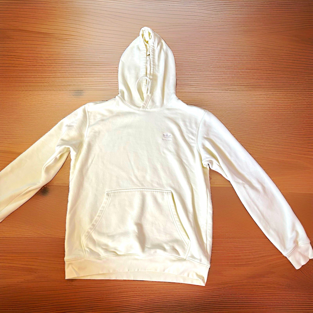 adidas Men’s White Pullover Hoodie w/ Drawstring, Logo, Pockets Size M