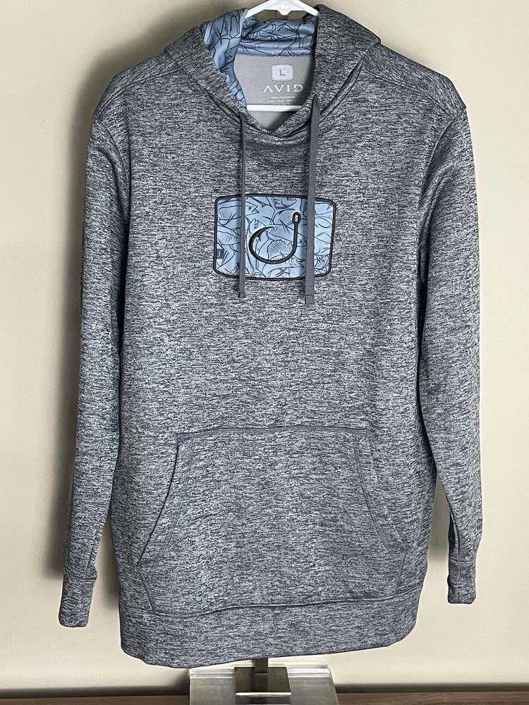 Avid Outdoors Hoodie Gray Heather Hook Fishing Beach L