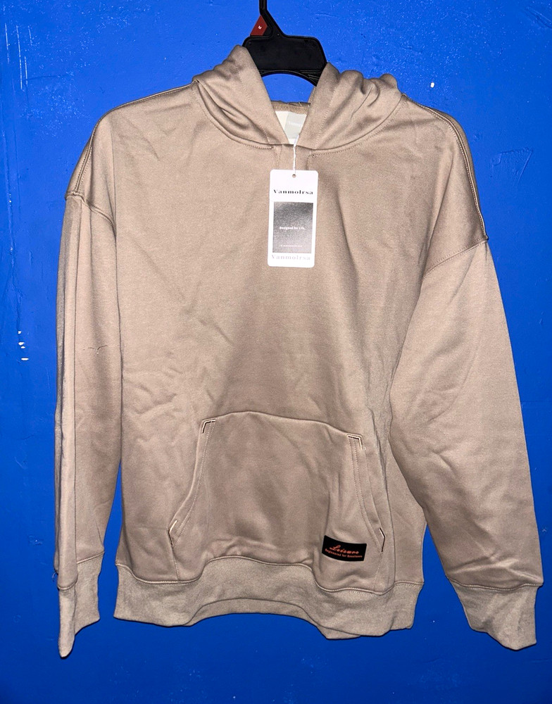 Vanmolrsa Men’s Pullover Hoodie Beige Size XL Long Sleeve Fleece Logo