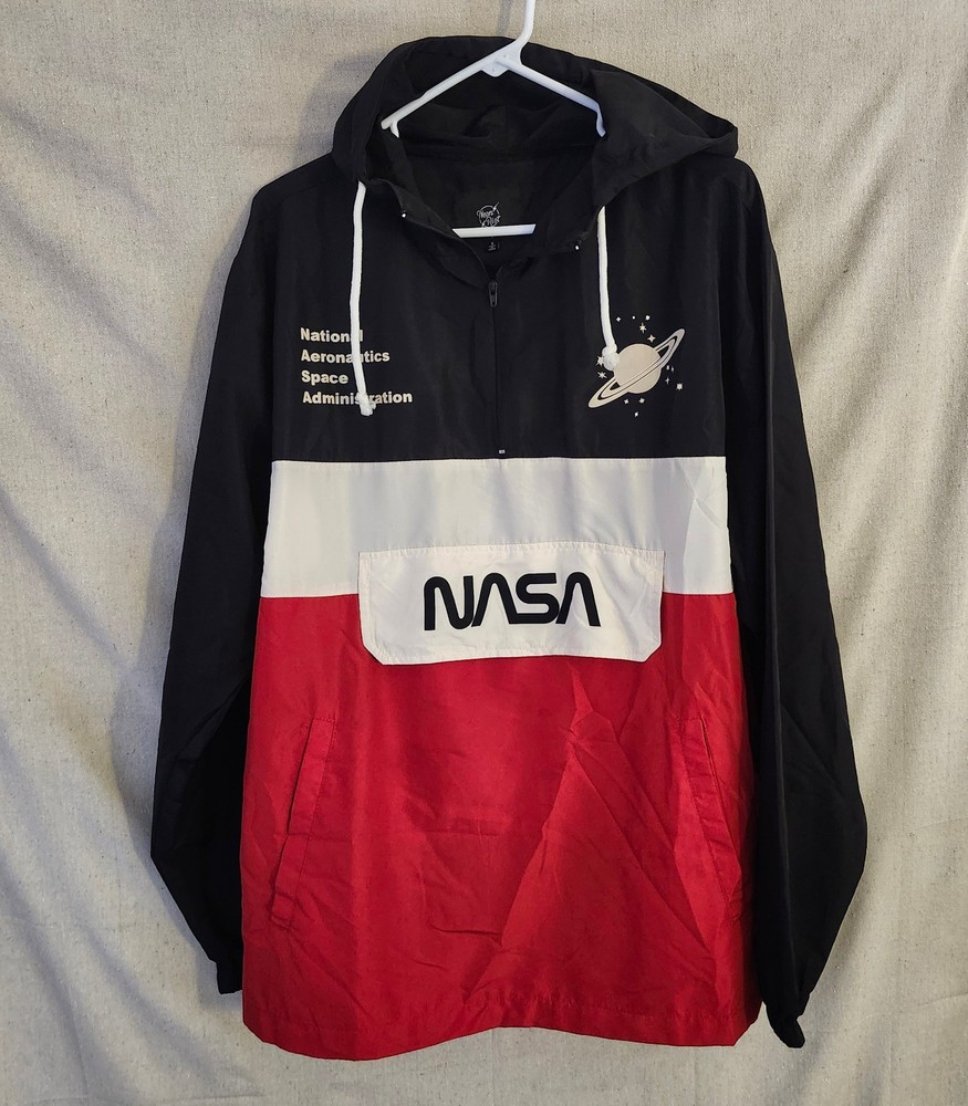 NASA Windbreaker Jacket Black White Red Pullover Half Zip Hooded Size Small
