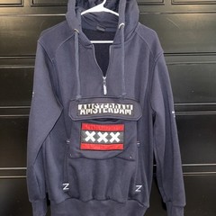 Amsterdam Designs Large Hoodie Navy Red White Half Zip Graphic Pockets