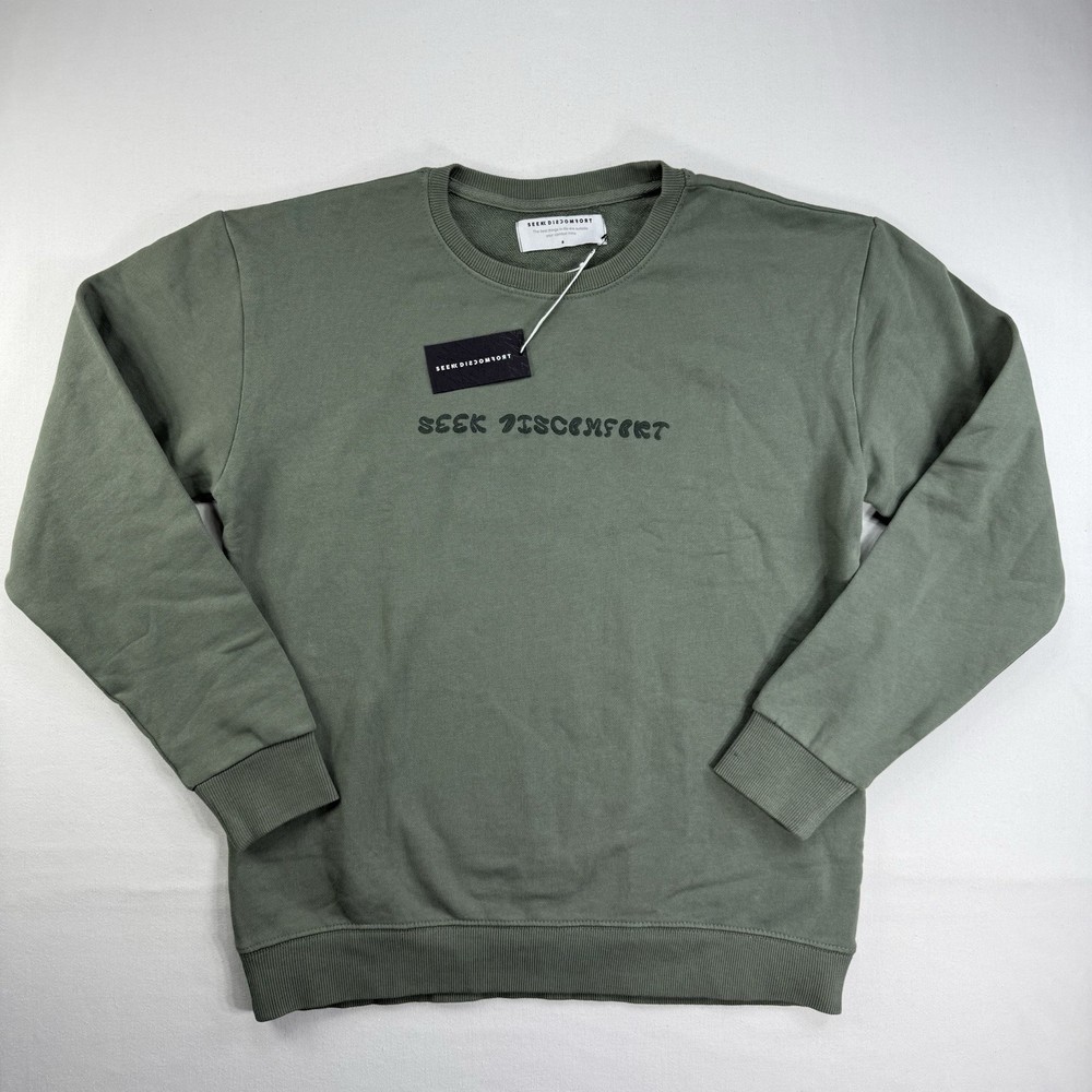 Yes Theory Seek Discomfort Pull Over Olive Green Mens Size Small Crew neck