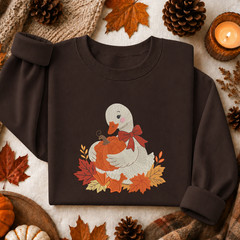 Fall Goose Sweatshirt Embroidered Adult Unisex Cozy Pumpkin Autumn Leaves Gift