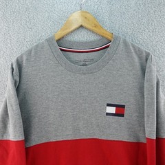 Tommy Hilfiger Mens L Gray Red Color Block Long Sleeve Crew Neck T-Shirt Y2K
