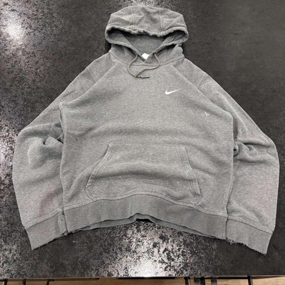 Nike Mens Grey Swoosh Hoodie Distressed Cropped Raw Hem Pullover Small