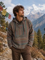 Gypsy Baja Hoodie One Size Multicolor Woven Drug Rug Hippie Boho Pullover Nepal