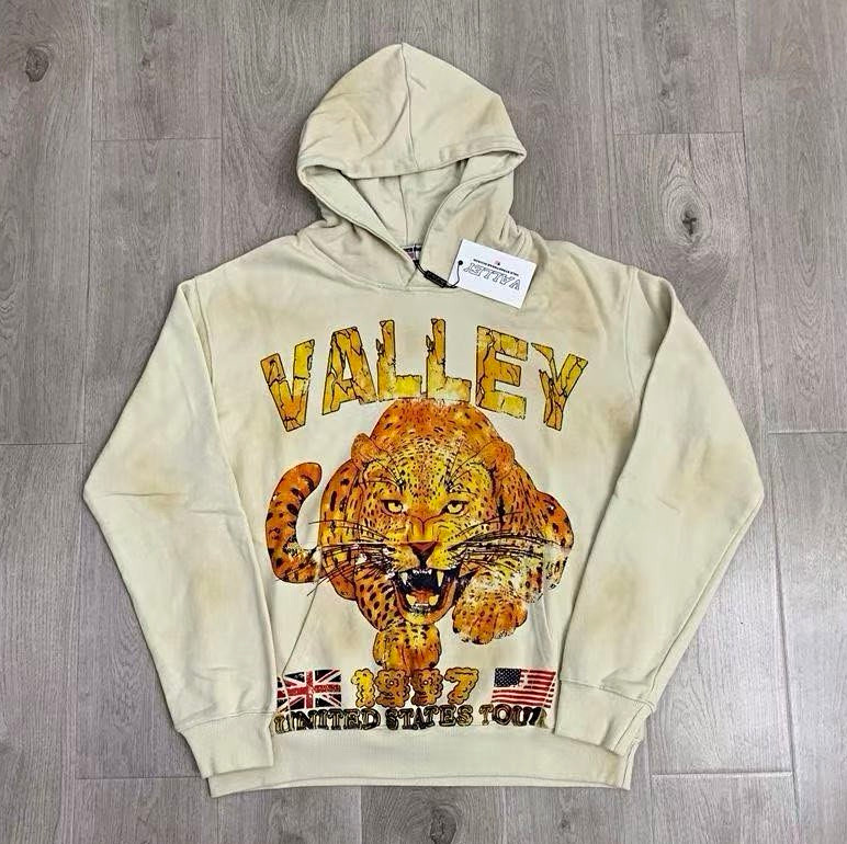 Men’s Beige Pullover Hoodie S Long Sleeve Valley Big Cats Leopard Graphic USA