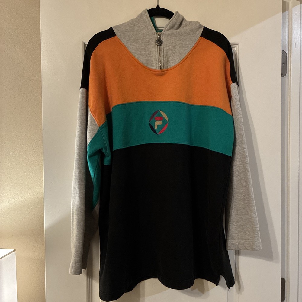 Y2K Grail FILA Grey Green Orange Black Blocked Hoodie with zip M