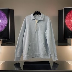 Criquet Polo Sweater Mens Size L Light Blue Heather Long Sleeve Kangaroo Pocket