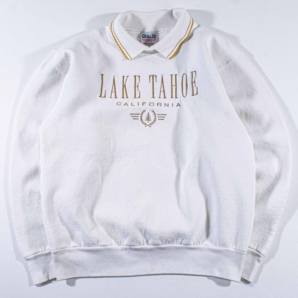 Vintage 90s Lake Tahoe Collared Sweatshirt Large L Embroidered Grandpa Core