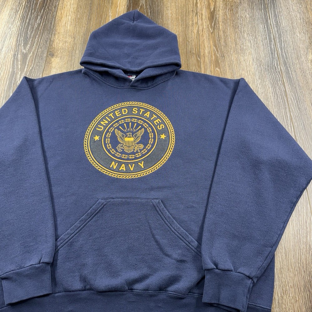 Vintage United States Navy Hoodie Mens XL Blue US Sailor Spellout 90s Sweatshirt