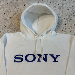 Vintage 1980s Sony Champion Hoodie Size Small White Blue Drawstring