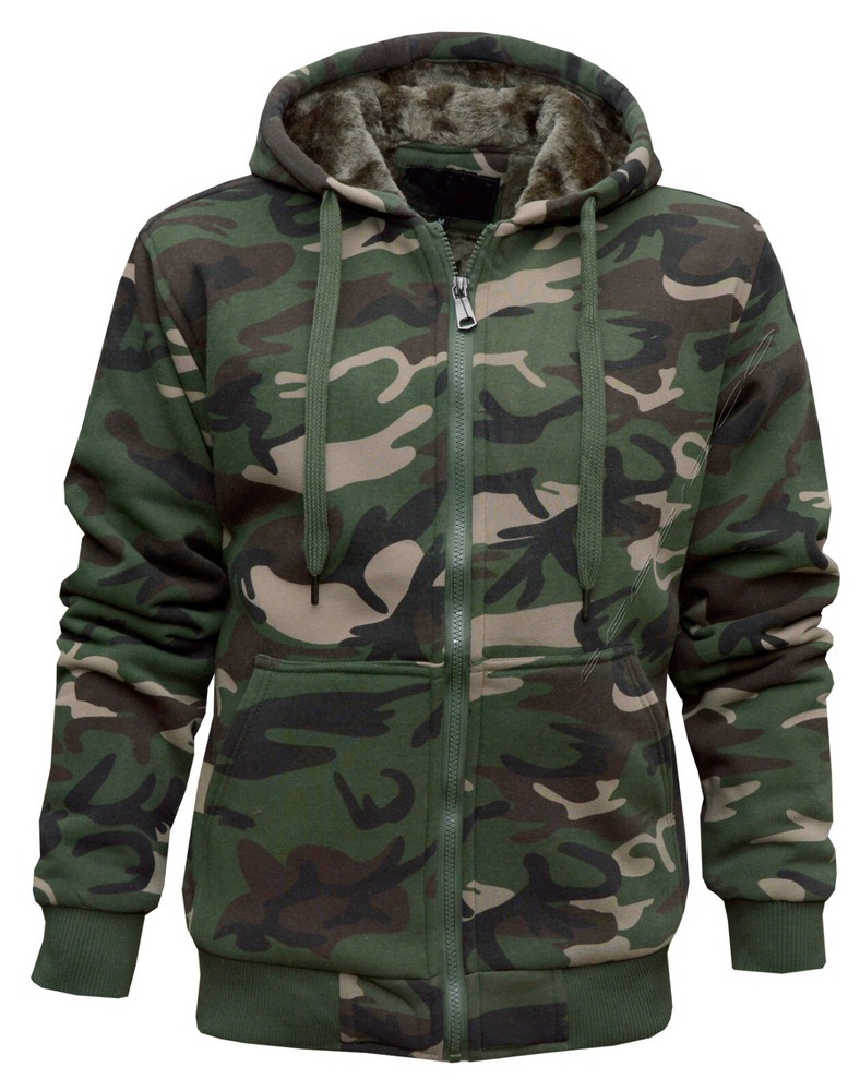 Mens Camouflage Hoodie Fur Lined Full Zip Army Camo Hooded Winter Jacket M – 3XL