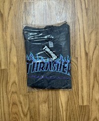 Thrasher Flame Hoodie Grey Blue Pullover Fleece Sweatshirt Size Large
