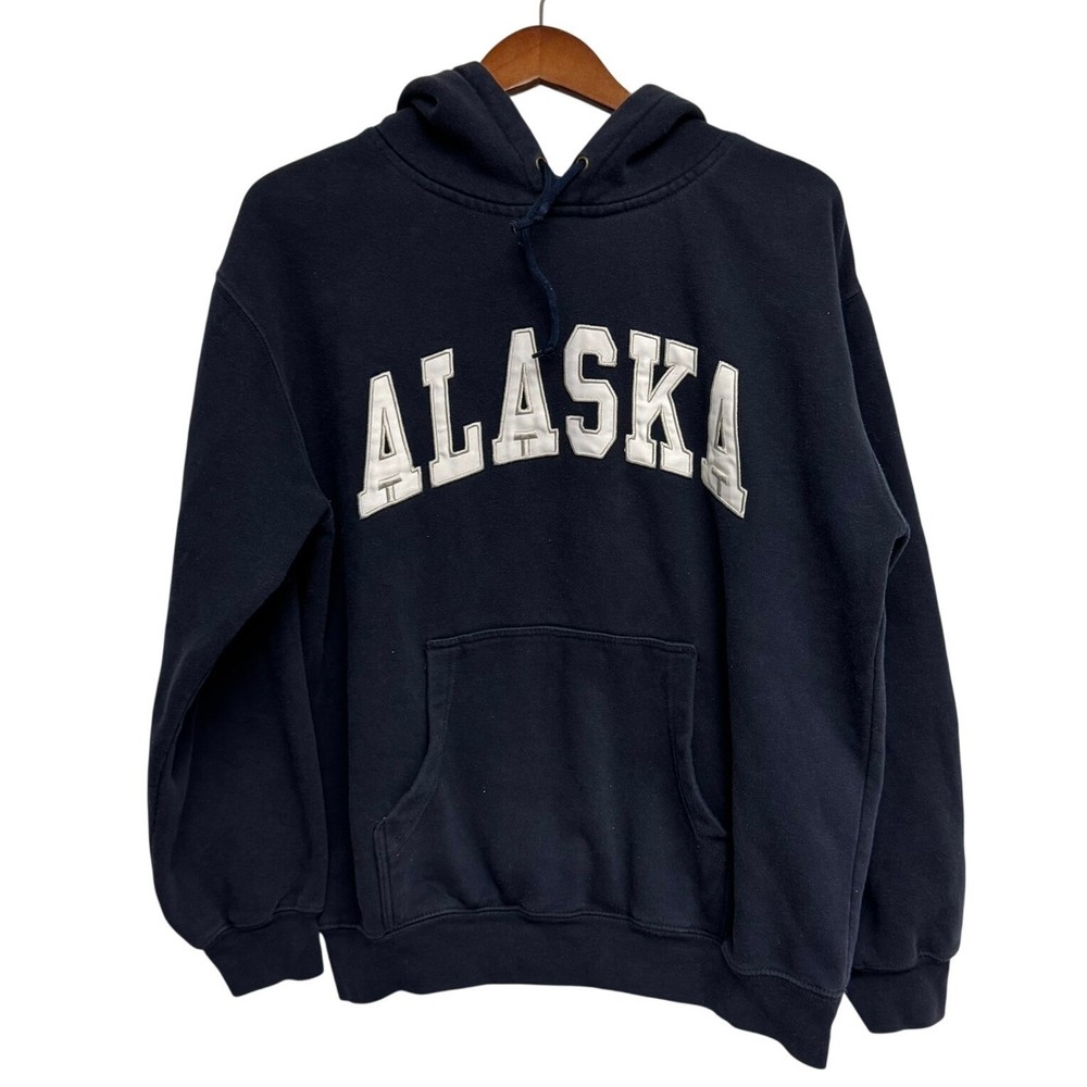 Vintage 90’s ALASKA Appliqué Block Letter Hooded Sweatshirt 47″ Chest Fleece