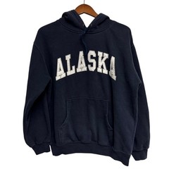 Vintage 90’s ALASKA Appliqué Block Letter Hooded Sweatshirt 47″ Chest Fleece