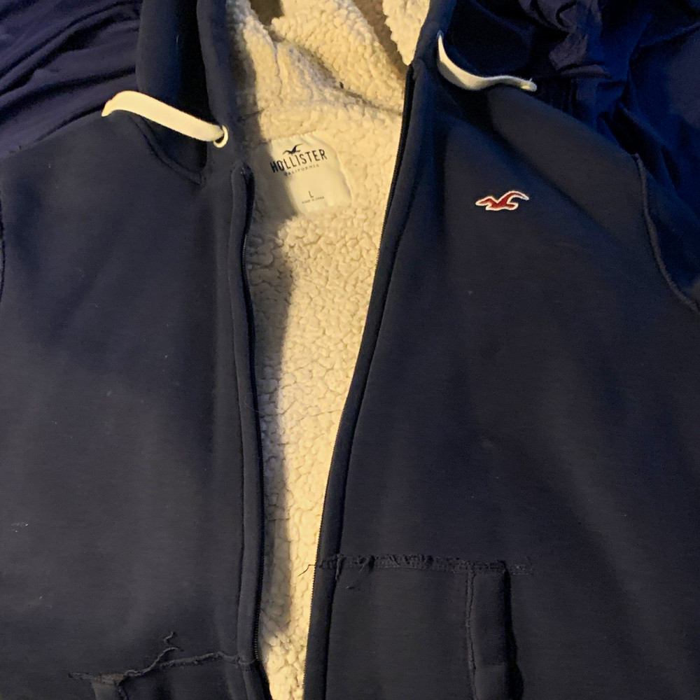 Hollister Men’s Blue/White Sherpa Lined Full Zip Hoodie Sweatshirt Size L