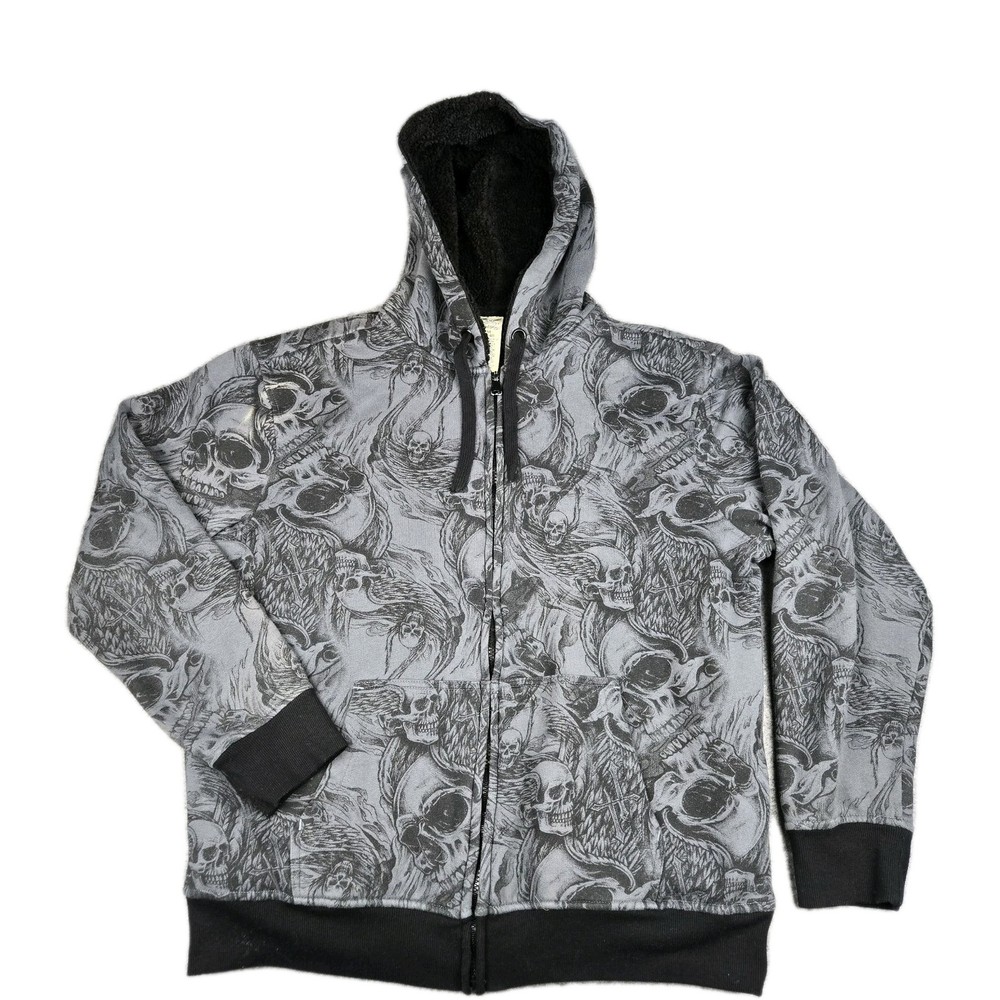 Vintage Faded Glory Skull Hoodie Men’s Size Medium AOP Sherpa Lined Cyber Y2K