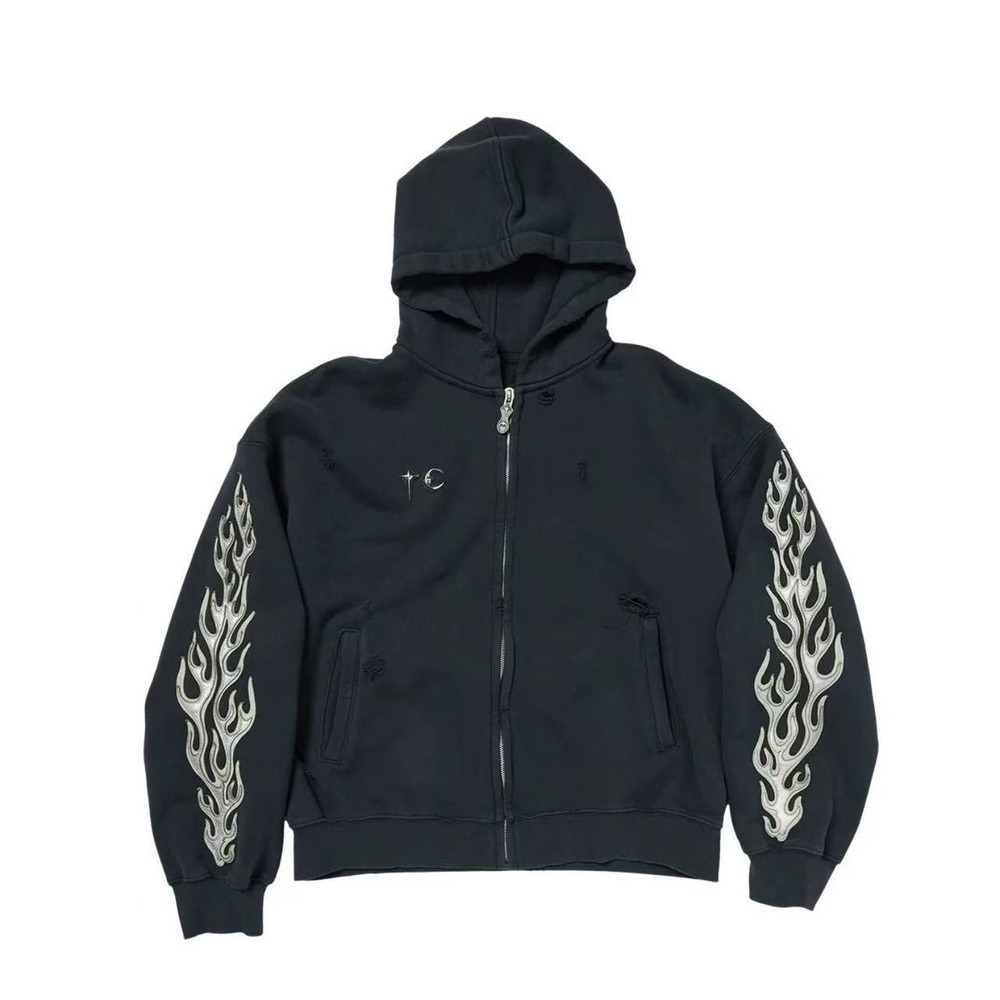 VINTAGE THUG HOODED CLUB PULLOVER HOODIE HIGH STREET FIRE FLAME ZIP SWEATSHIRT