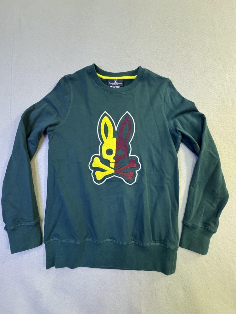 Psycho Bunny Sweatshirt Mens 2XS Green Crewneck Pullover Skull Bunny Big Graphic