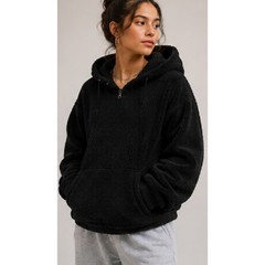 NWT Cernucci Oversized Borg Sherpa Pullover Hoodie Black Boxy Unisex Size S