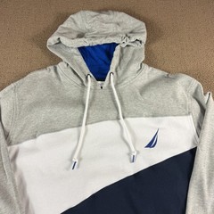 Nautica Long Sleeve Hoodie Sweatshirt Gray White Blue Color Block Size XXL