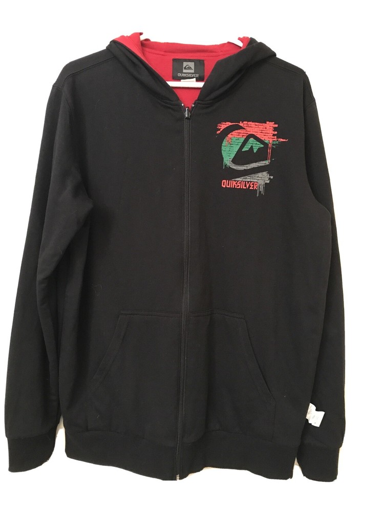 Quiksilver Black Hoodie Red & Green Graphic Logo Men’s Size Medium Very Nice