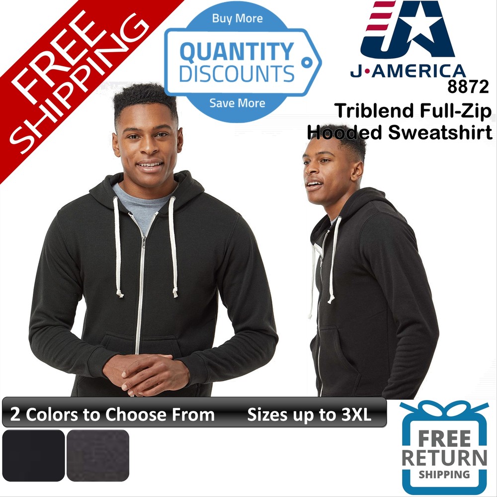 🔥 J. America Men Triblend Full-zip Hooded Sweatshirt Pockets Up To 3XL 8872